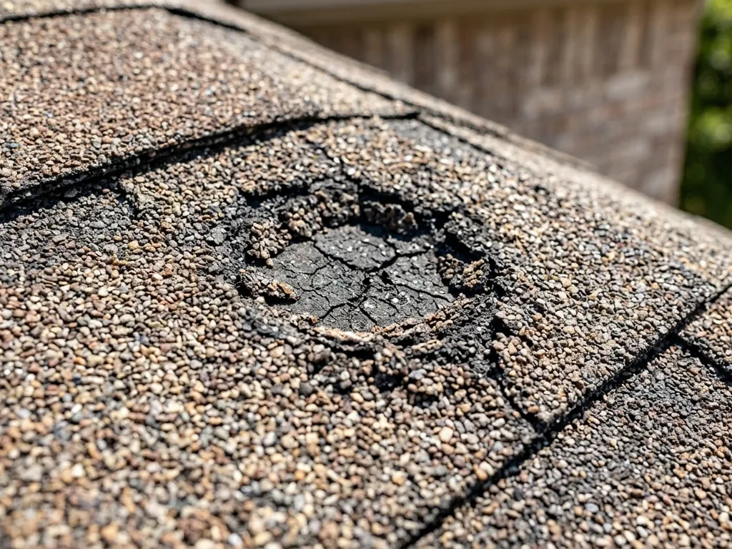 Close-up of a shingle with a dark bruised spot where the granules were knocked loose