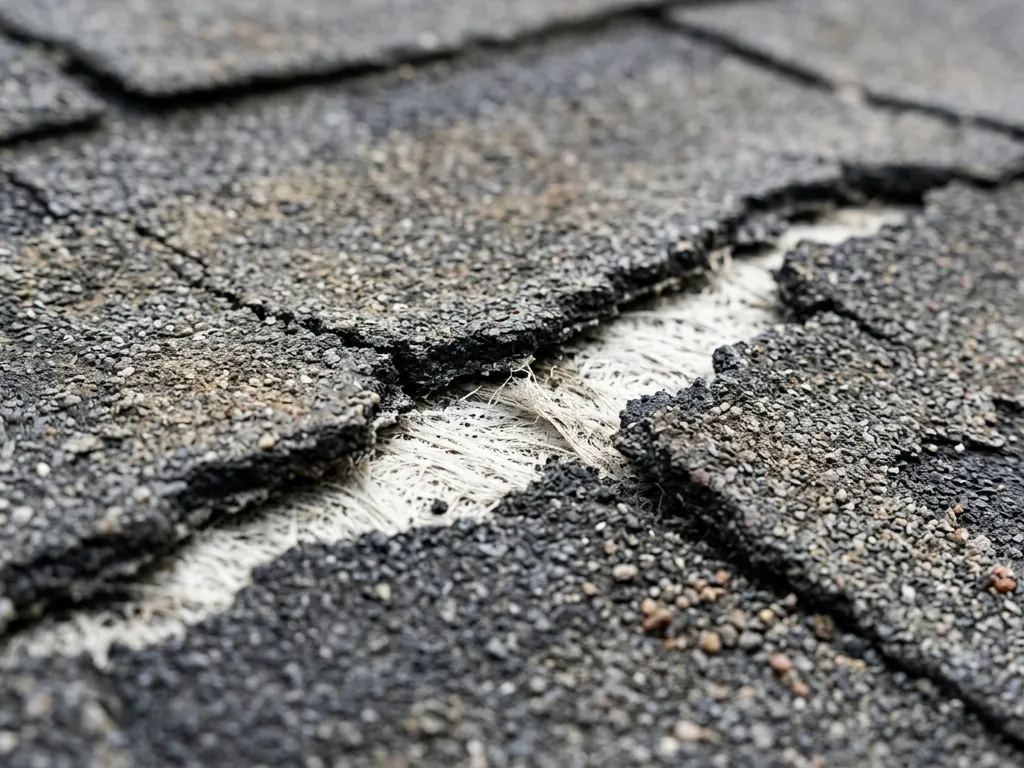 Cracked shingle with the white fiberglass mat showing through the split